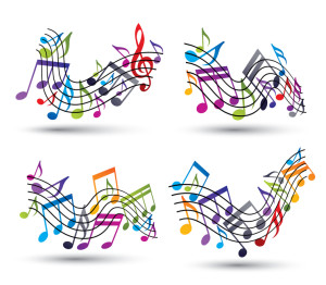 Bright jolly vector staves with musical notes on white backgroun
